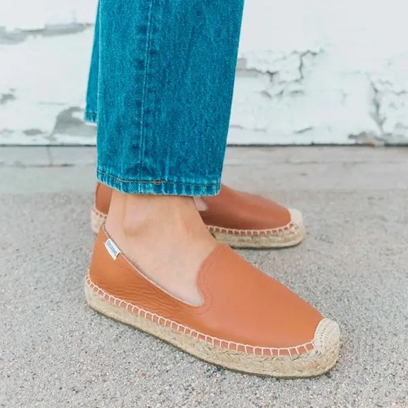 Soludos Tan Leather Flat Platform Smoking Slipper Espadrilles - Picture 1 of 5